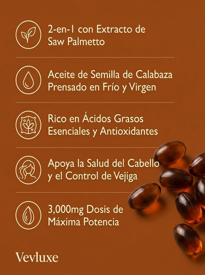 Vevluxe® Softgels de Aceite de Semilla de Calabaza — Fortalece Naturalmente la Salud Renal y el Confort de Vejiga desde Adentro