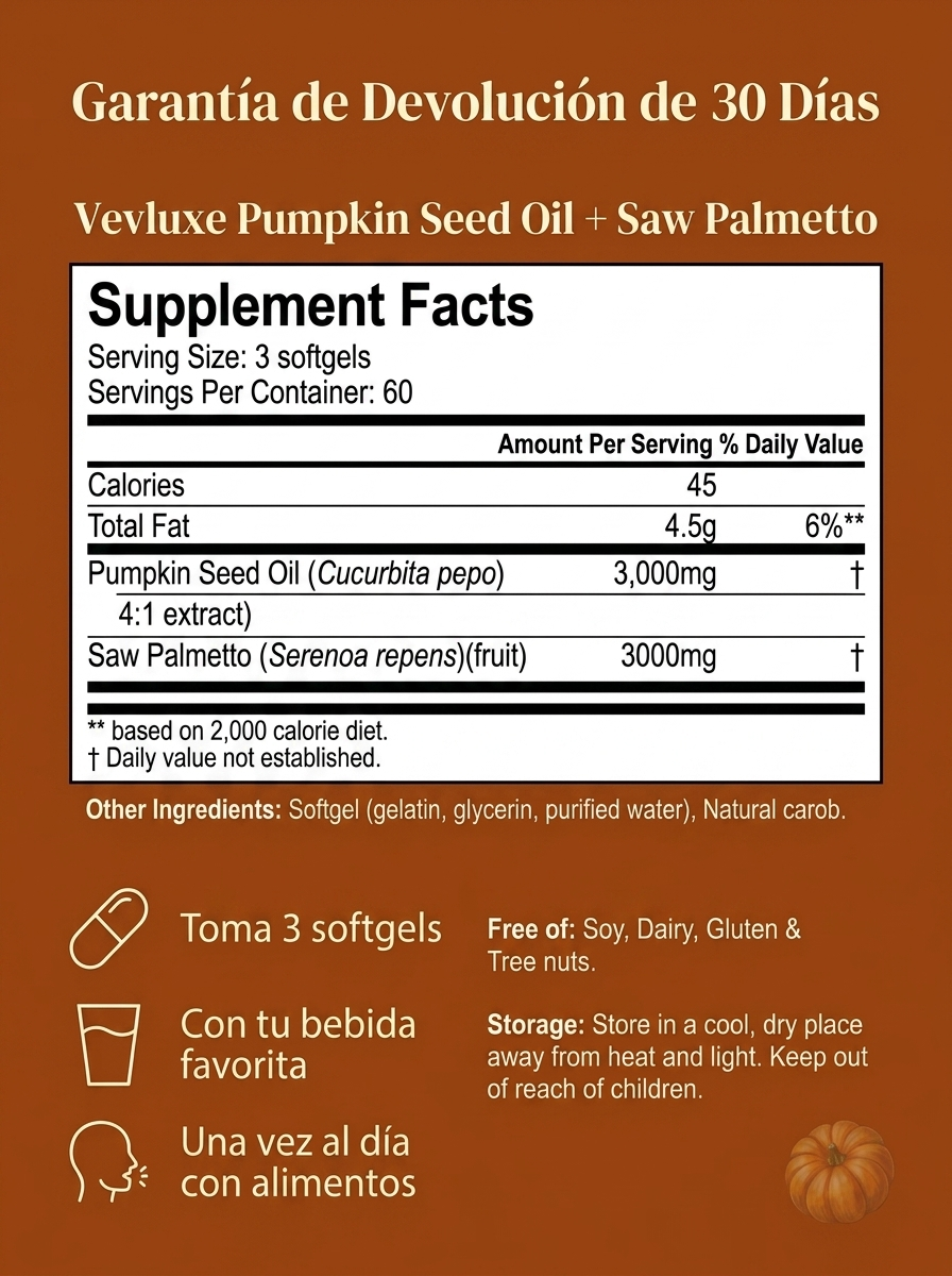 Vevluxe® Softgels de Aceite de Semilla de Calabaza — Fortalece Naturalmente la Salud Renal y el Confort de Vejiga desde Adentro